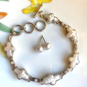 CROSS PEARL BRACELET STERLING SILVER and EARRINGS